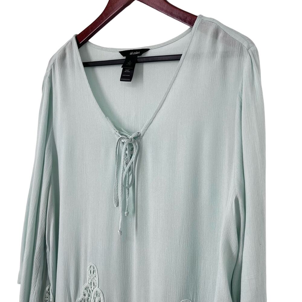 Ali Miles Sz Large Seafoam Green Long Sleeve Wearable Art Lace Blouse Shirt Top - Picture 5 of 9
